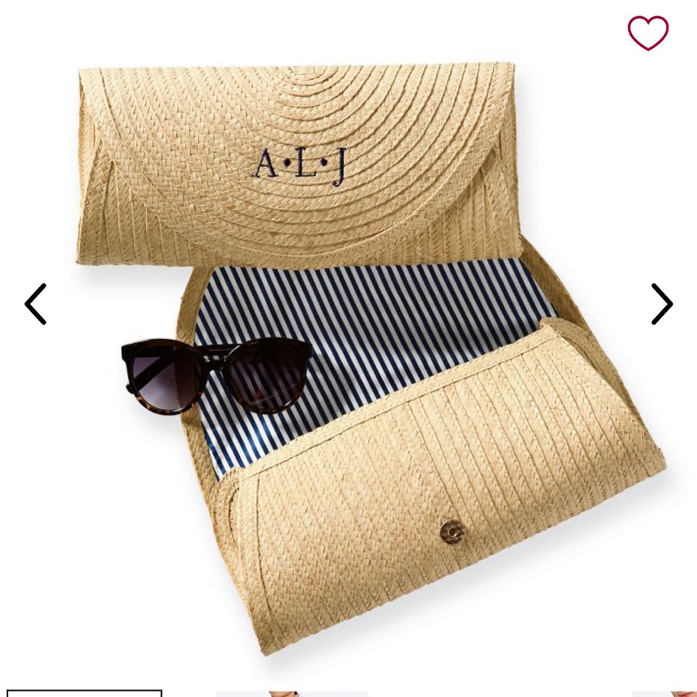 Mark & Graham Natural Straw Clutch with Navy Stripe Lining and Monogram